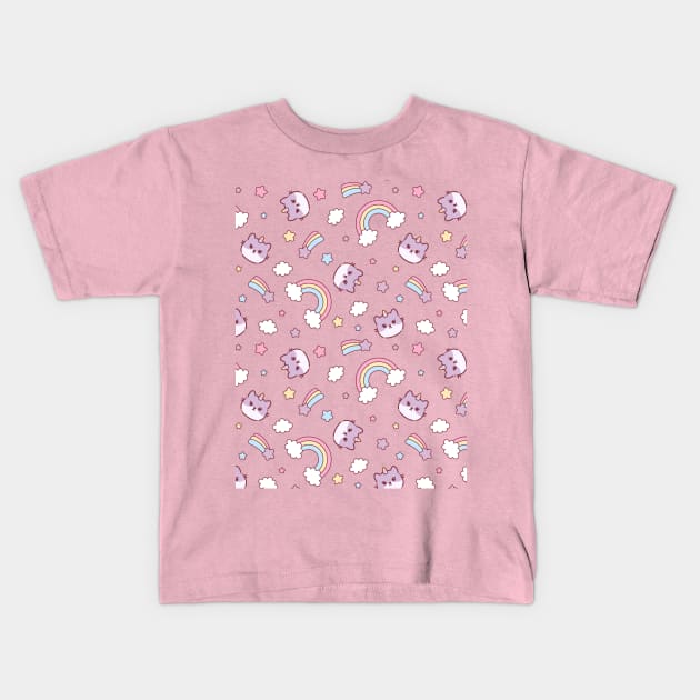 Cute Cat Caticorn or Kitten Unicorn seamless pattern Kids T-Shirt by Saya Raven